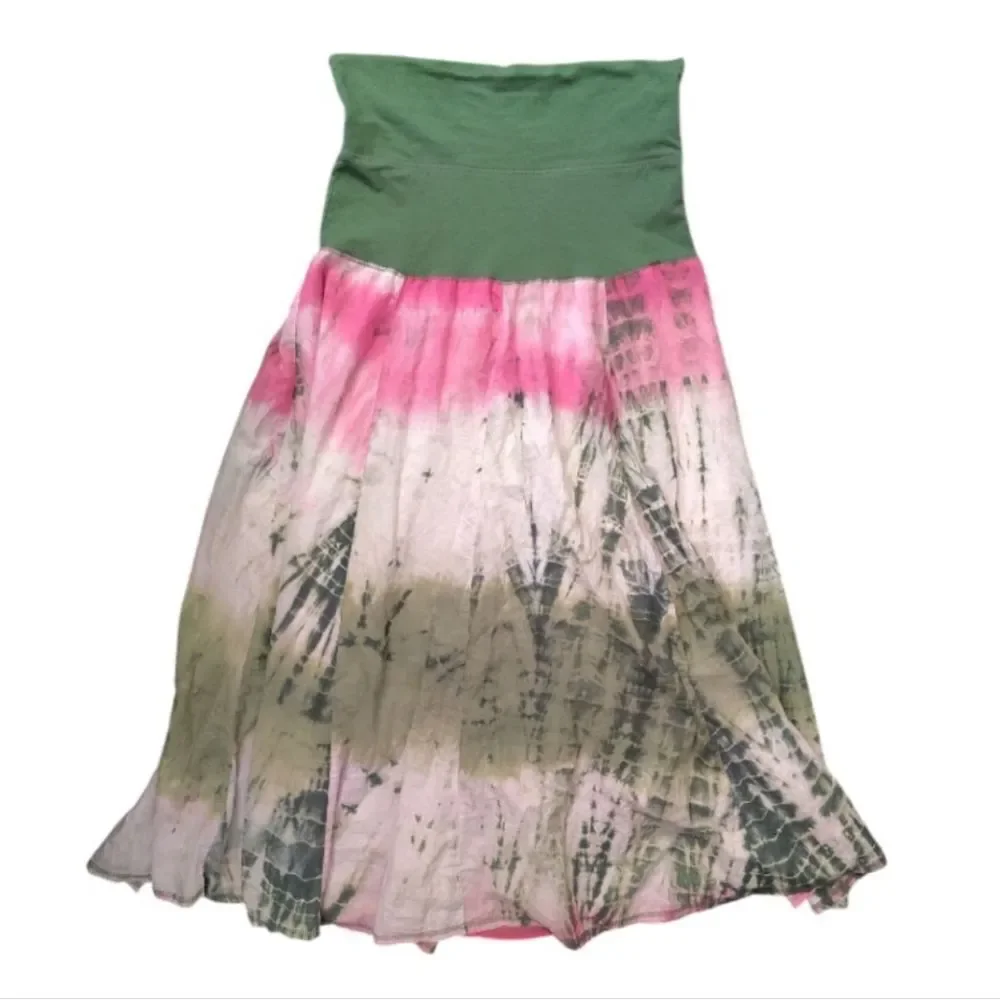 VTG Y2K Green Pink Tie Dye Fold Over Fairycore Gypsy Midi Skirt *Fits Like Large - Picture 8 of 9